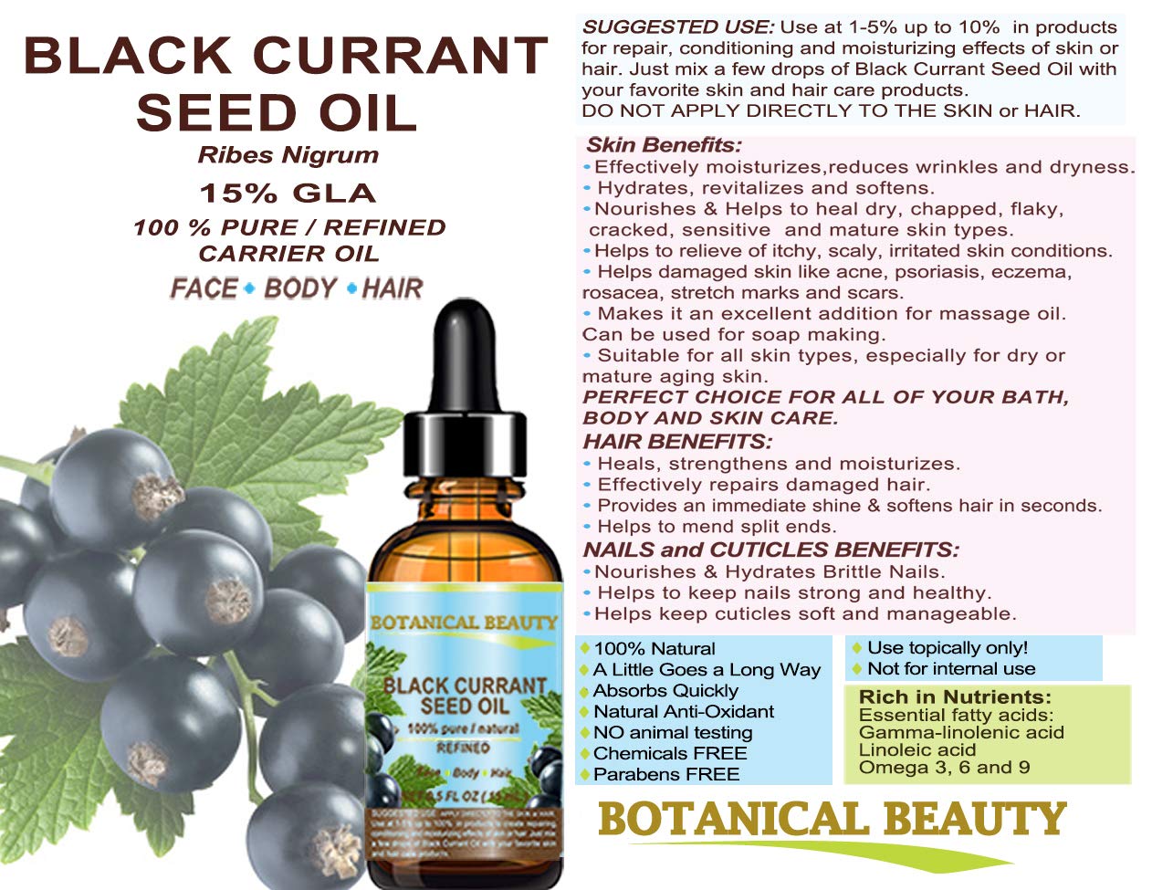 Botanical Beauty Black Currant Seed Oil on hair, adding shine and manageability.