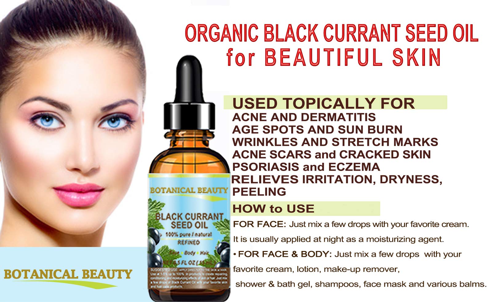 Botanical Beauty Black Currant Seed Oil label noting up to 15% GLA for hydration.