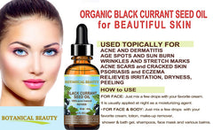Botanical Beauty Black Currant Seed Oil label noting up to 15% GLA for hydration.