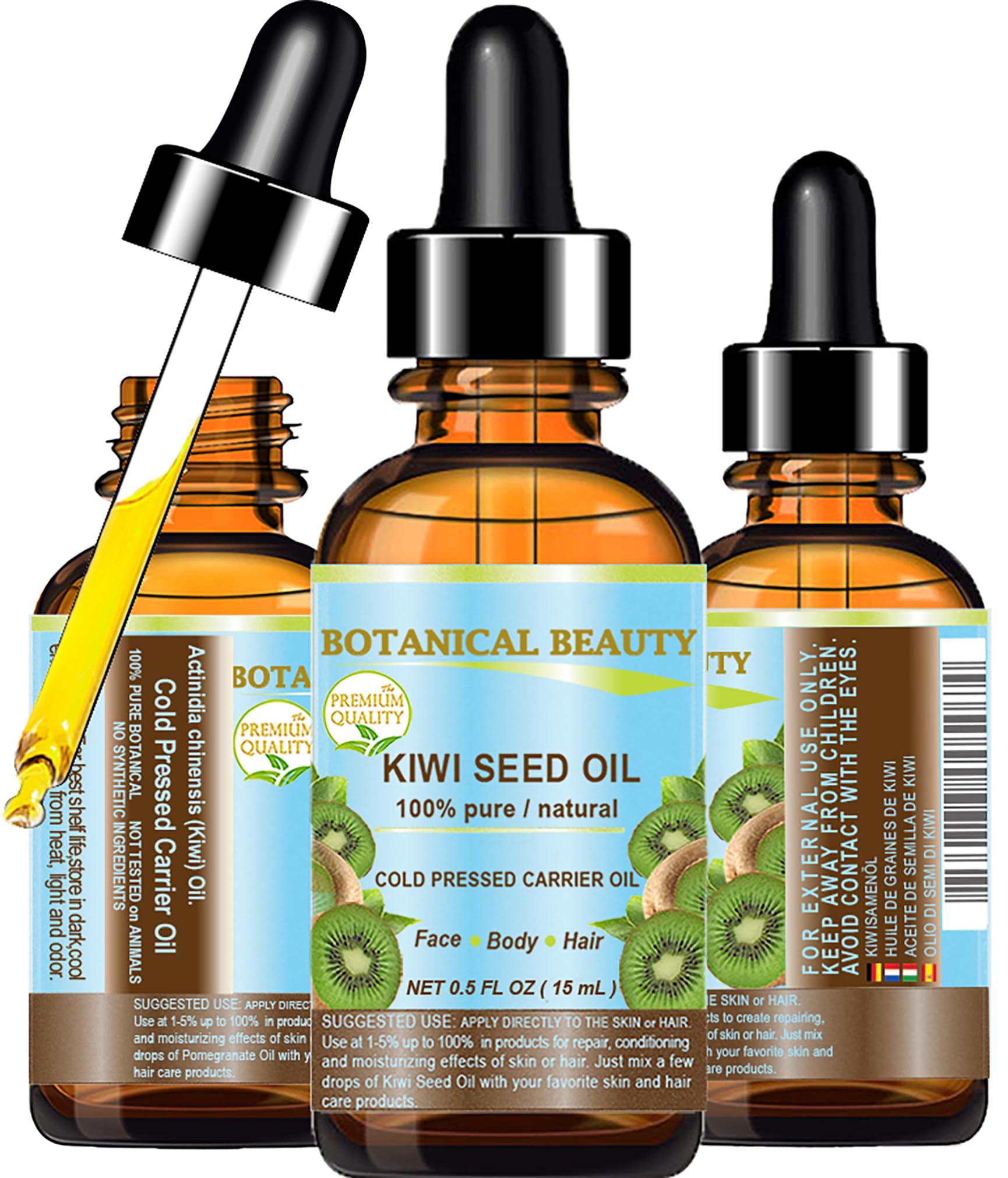 Botanical Beauty Kiwi Seed Oil bottle demonstrates lightweight hydration for face and body