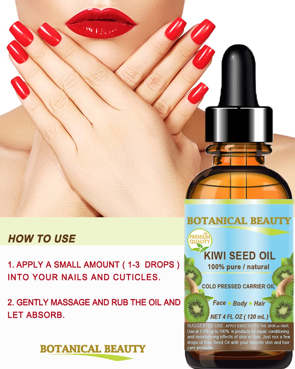 Botanical Beauty Kiwi Seed Oil closeup shows purity and nourishment
