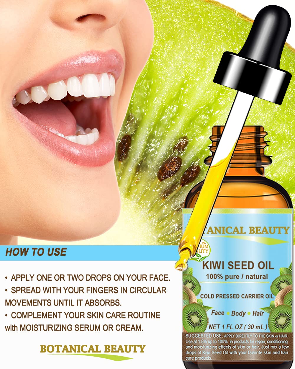 Botanical Beauty Kiwi Seed Oil in hand ready for daily care