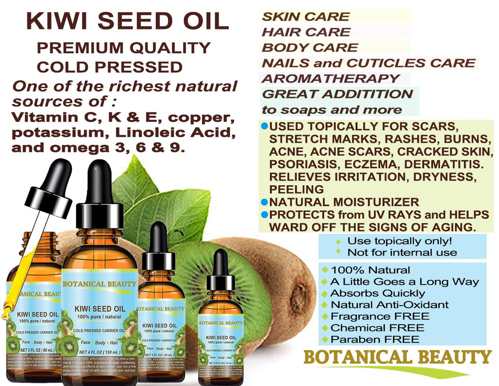 Botanical Beauty Kiwi Seed Oil ingredients closeup highlighting vitamins
