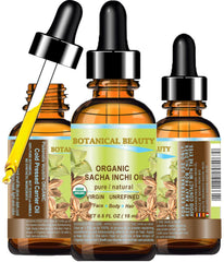 Botanical Beauty Sacha Inchi Oil bottle demonstrates fast-absorbing hydration for skin.