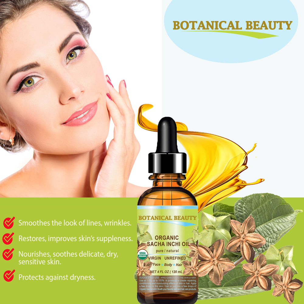 Botanical Beauty Sacha Inchi Oil ingredients panel highlights omega-rich nutrition.