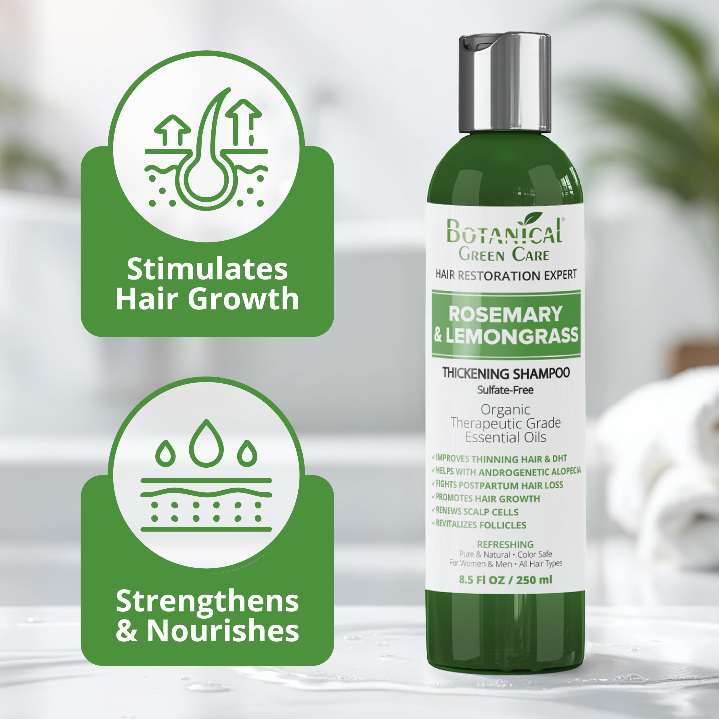 Botanical Green Care rosemary-lemongrass-shampoo-ingredients-visual highlights botanicals supporting scalp balance and vitality.