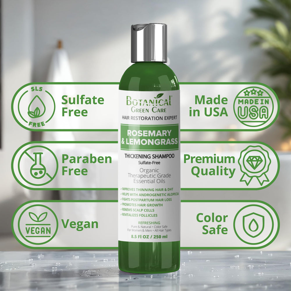 Botanical Green Care shampoo-dispensing-pump highlights convenient daily use for thinning hair regimens.