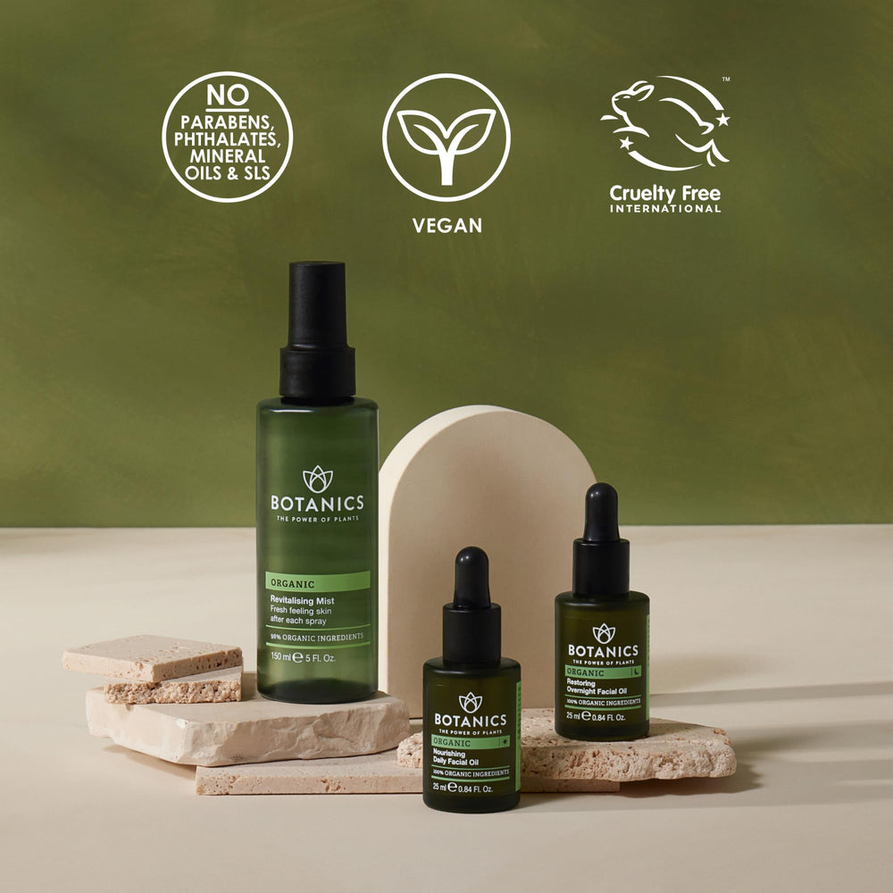 Botanics Packaging with recyclable labeling highlights vegan and cruelty-free ingredients.