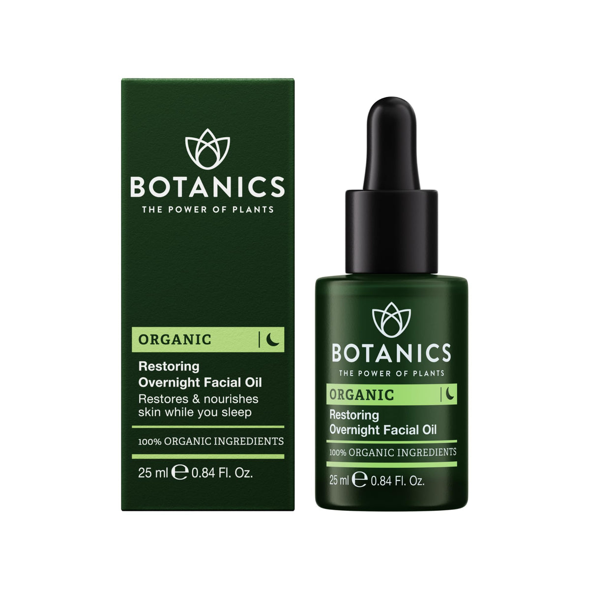 Botanics Restoring Overnight Face Oil bottle for overnight hydration and morning glow.