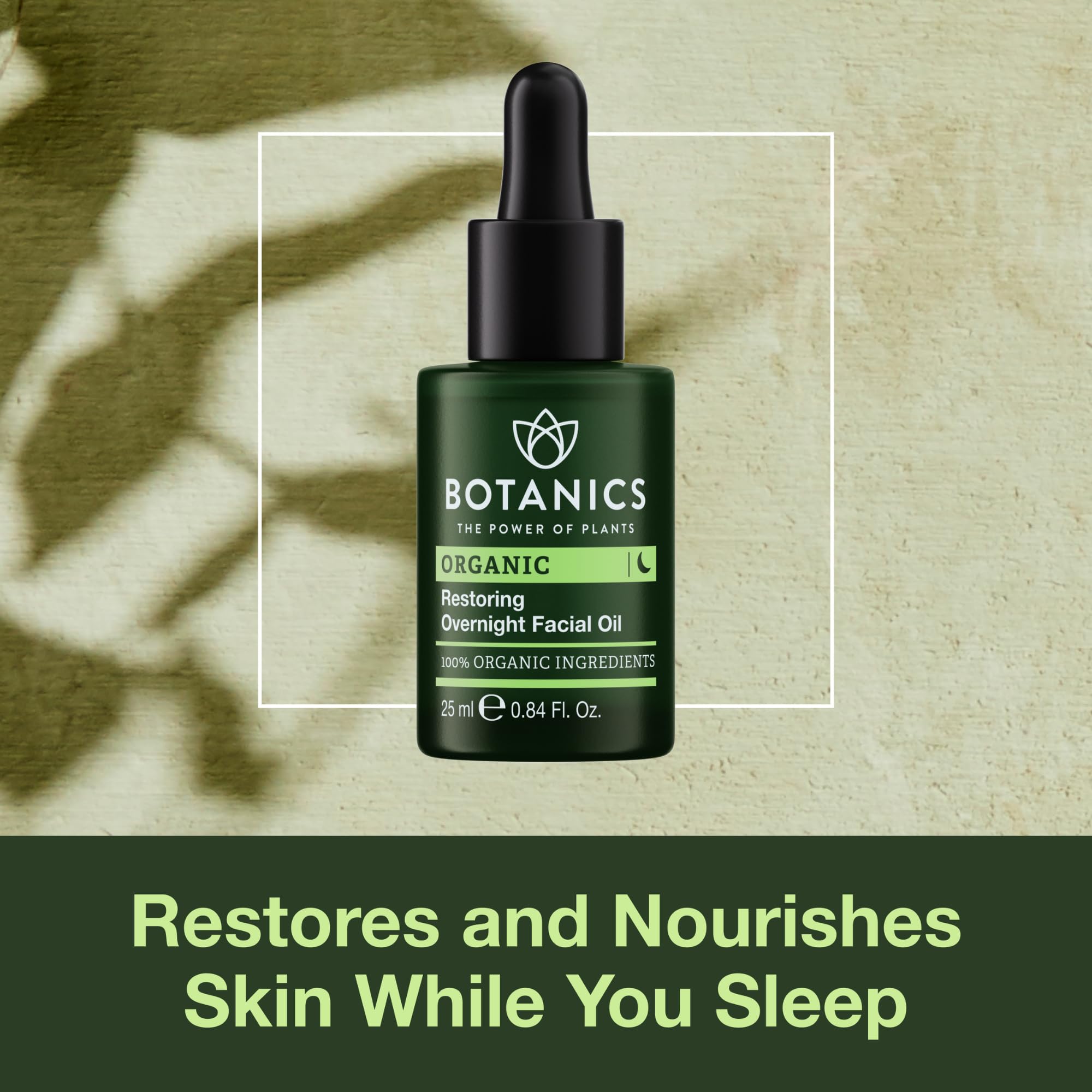 Botanics Restoring Overnight Face Oil dropper shows easy overnight application before bed.