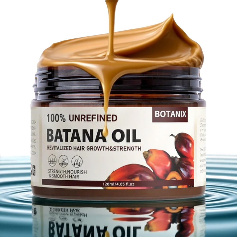 Botanix Batana Oil bottle label highlights pure Honduran oil for healthier-looking hair.