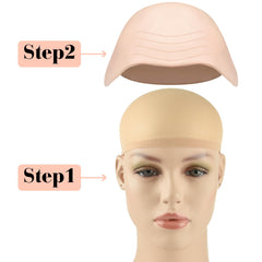 Bouiexye nylon wig-cap stretched over head demonstrates breathable comfort.