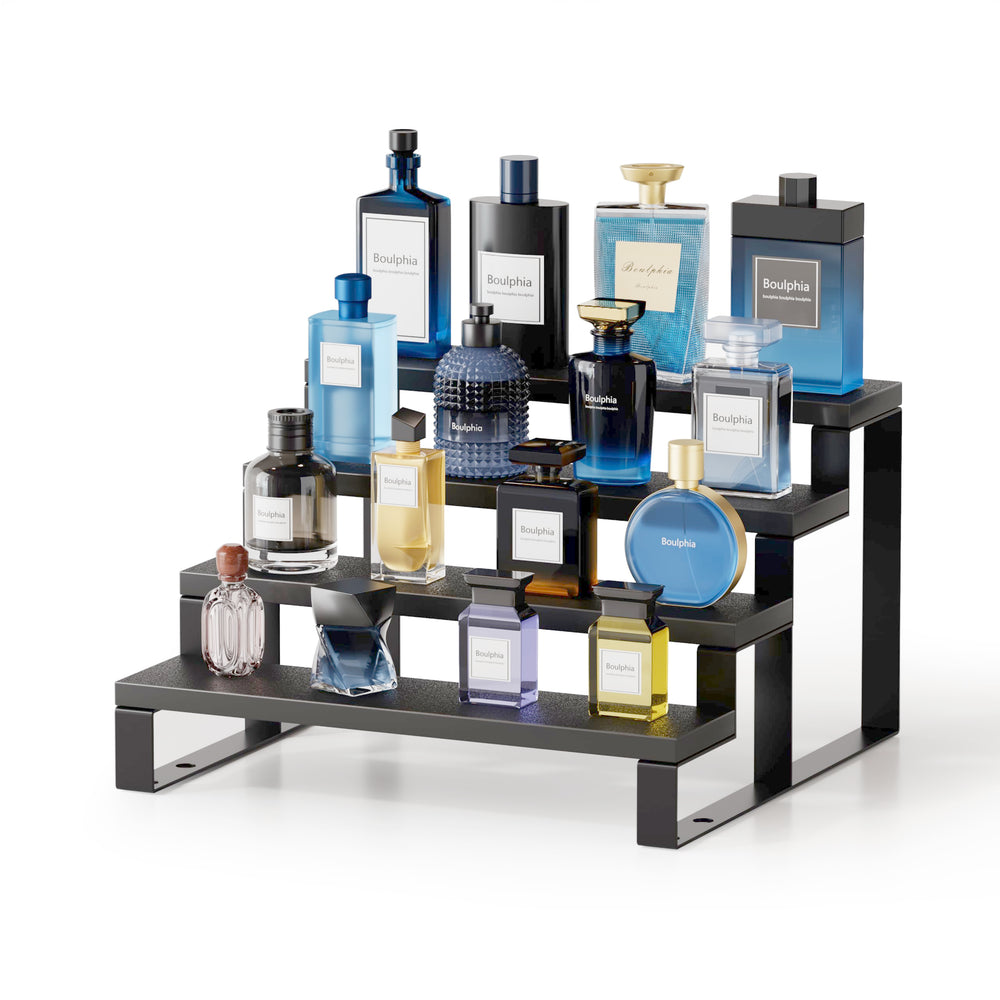 Boulphia Cologne Organizer front view shows a 4-tier wood display for quick fragrance access.