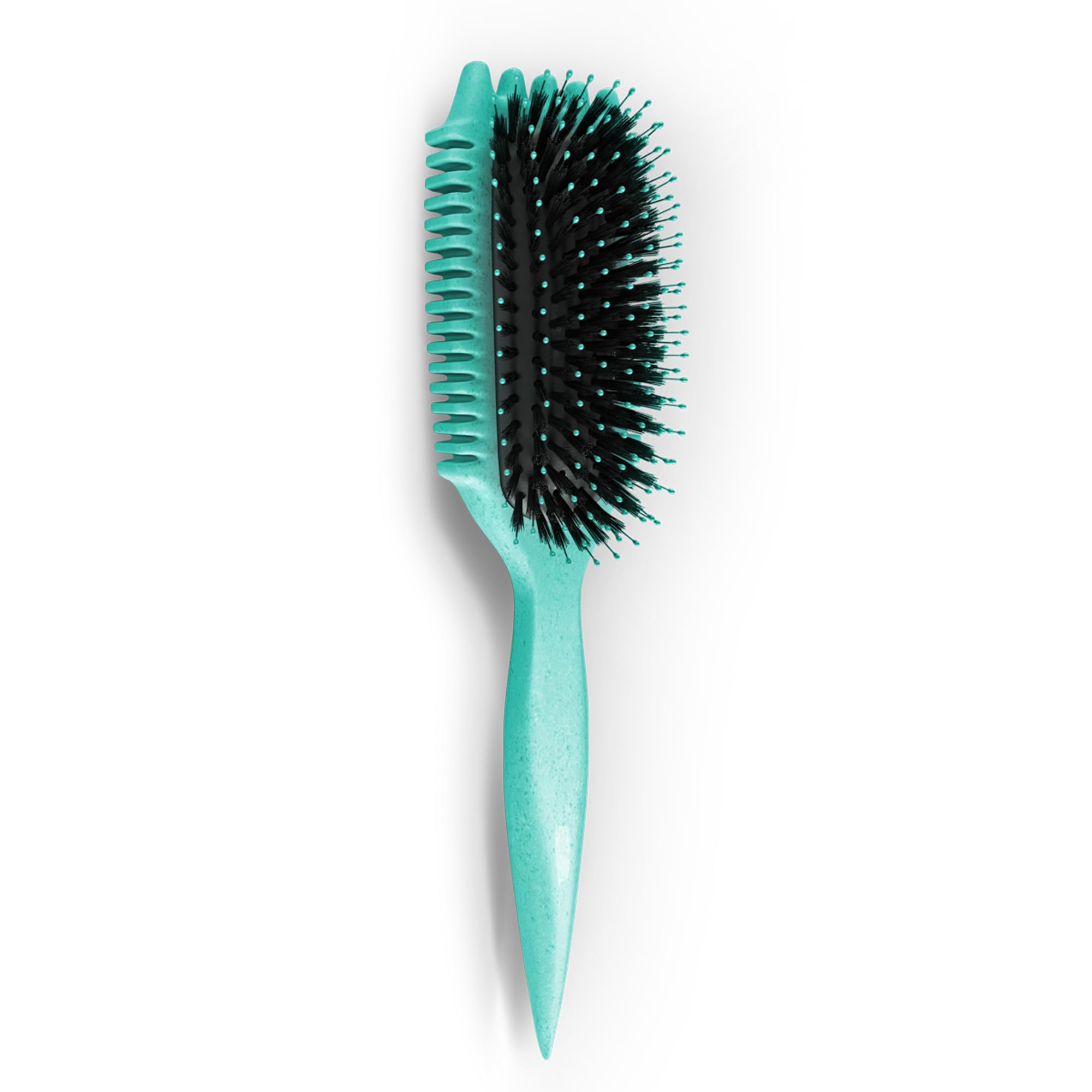 Bounce Curl flexible round-tip bristles teal glide smoothly through hair.