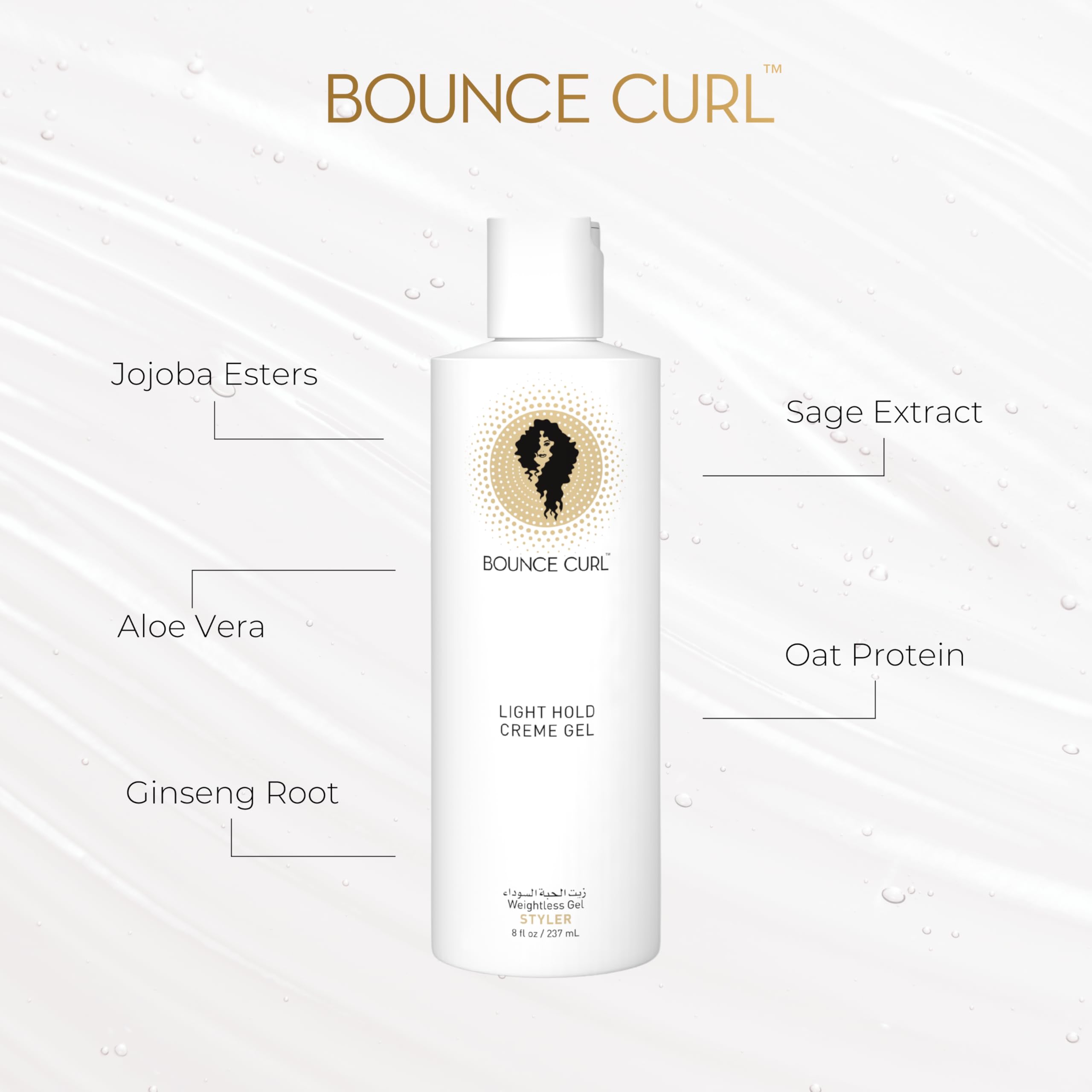 Bounce Curl Light Hold Creme Gel on curly strands defines with bounce