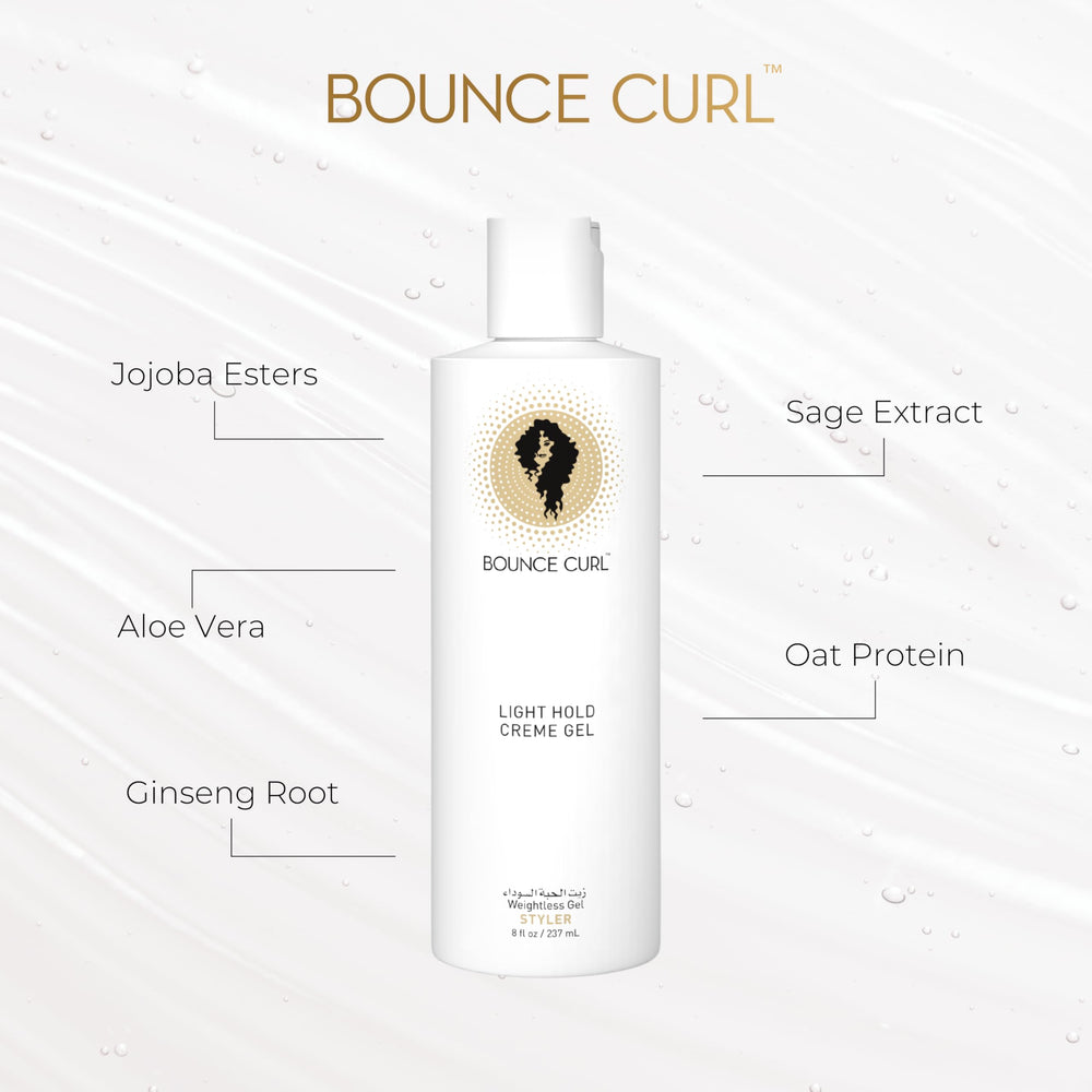 Bounce Curl Light Hold Creme Gel on curly strands defines with bounce