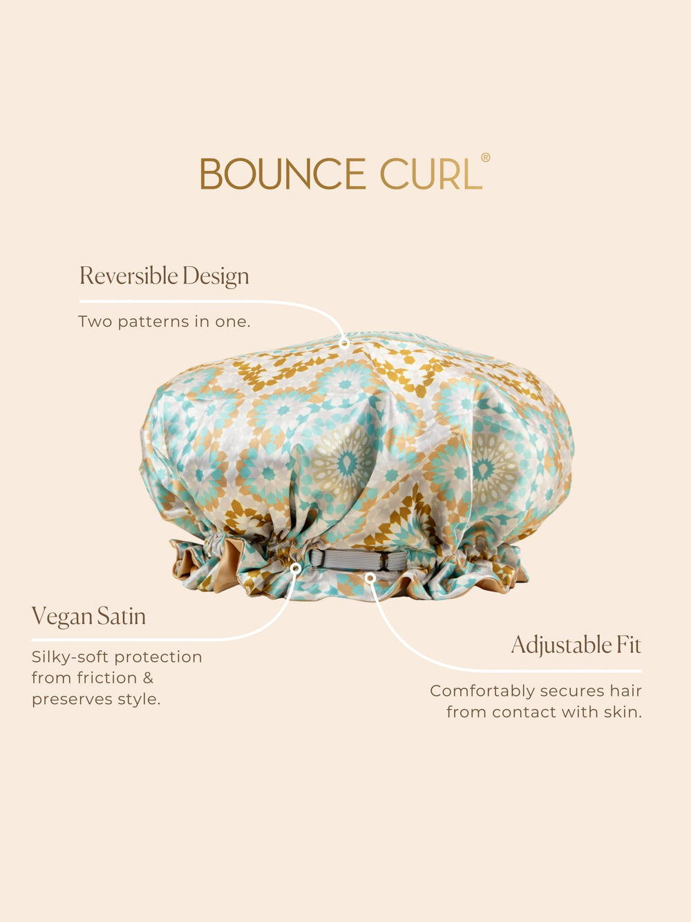 Bounce Curl satin bonnet adjustable band close provides secure fit without ear irritation