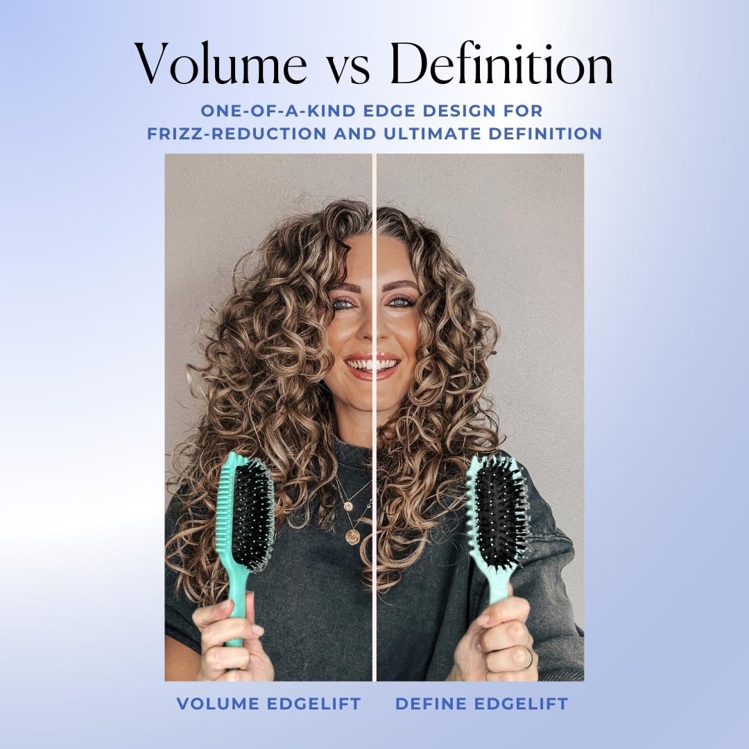 Bounce Curl Volume EdgeLift Brush vegan-bristles closeup emphasizes frizz-reducing styling.
