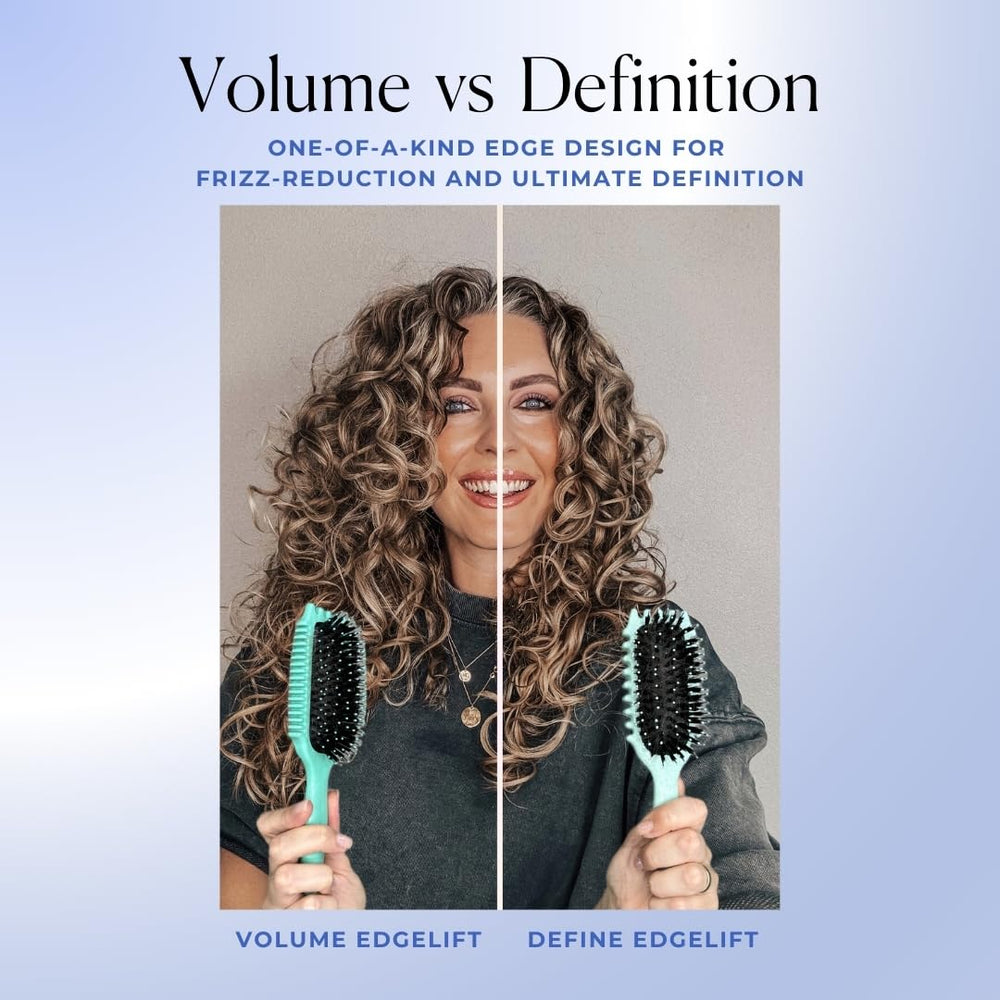 Bounce Curl Volume EdgeLift Brush vegan-bristles closeup emphasizes frizz-reducing styling.