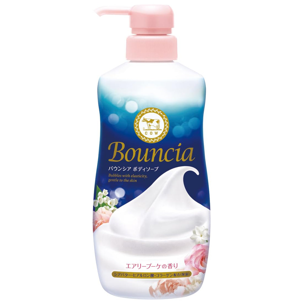 BOUNCIA Cow Brand Airy Bouquet Rose foam close-up showing dense lather for gentle cleansing.