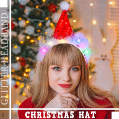 Bouory light-up red Santa hat headband close-up feathers showing decorative sparkle.