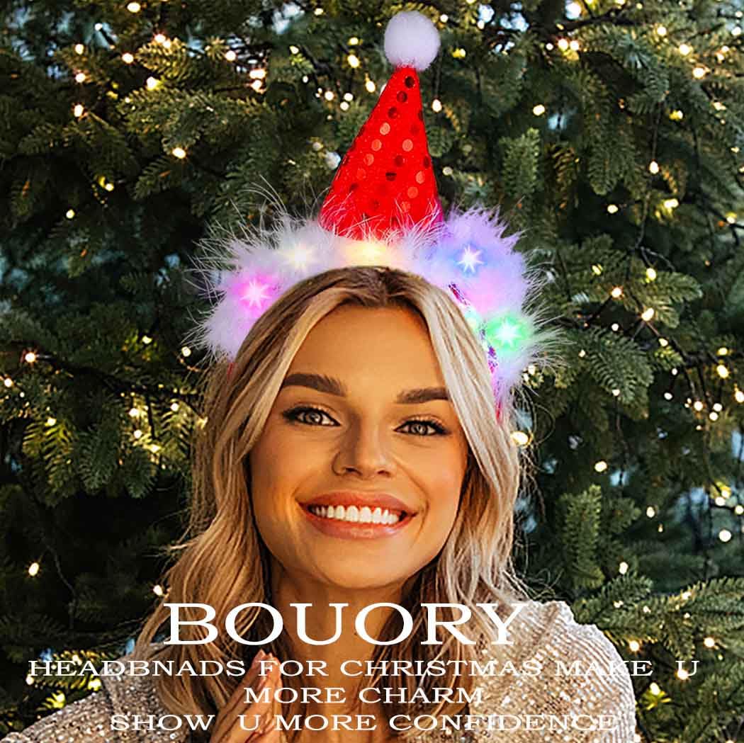Bouory light-up red Santa hat headband elastic-fit ensures comfortable wear.