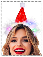 Bouory light-up red Santa hat headband front view for festive styling and photos.