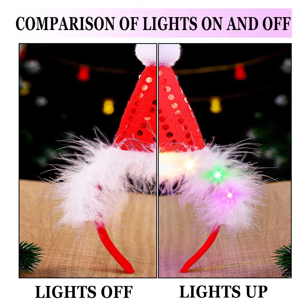 Bouory light-up red Santa hat headband worn on head demonstrating easy festive wear.