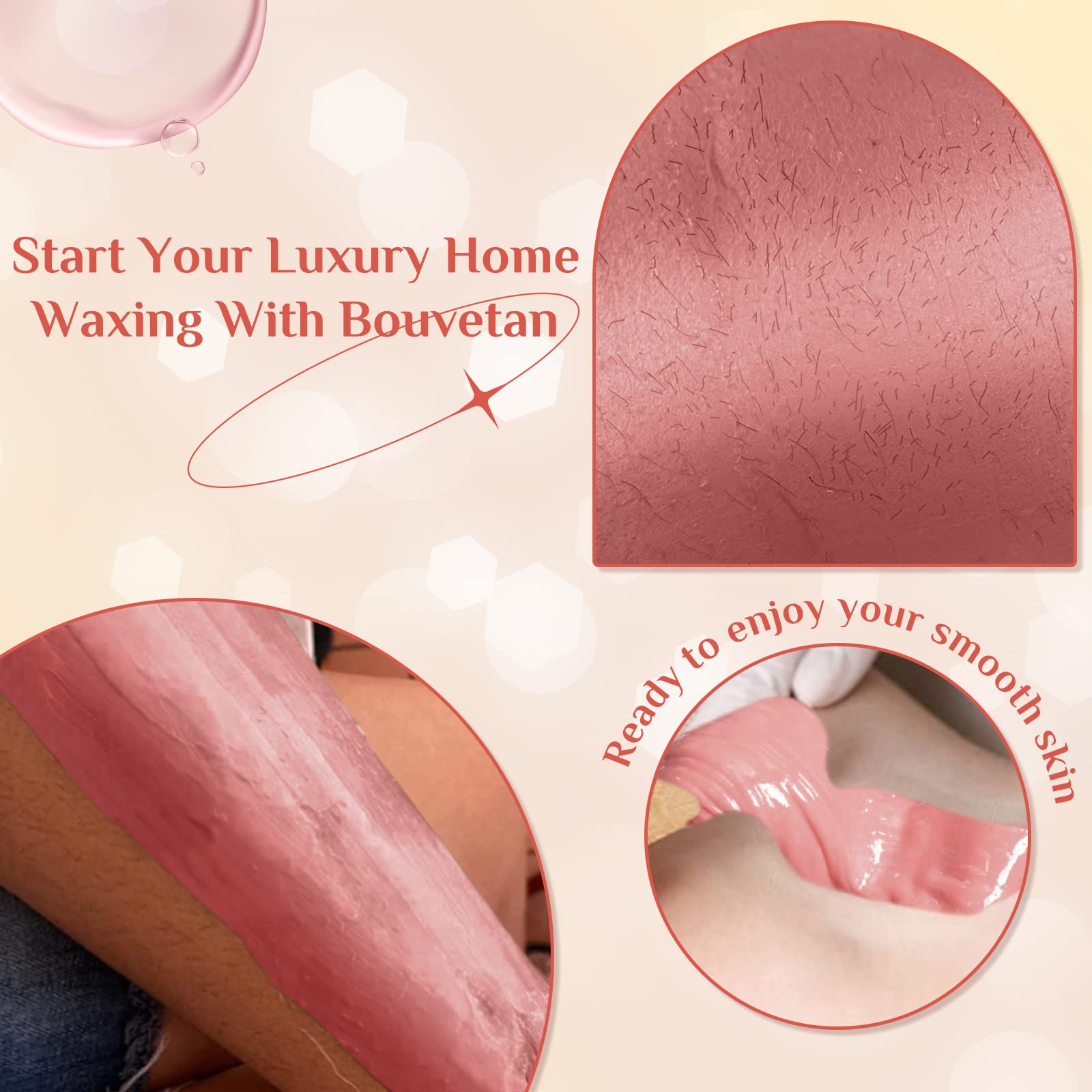 Bouvetan hard wax beads applied on skin for precise at-home hair removal.