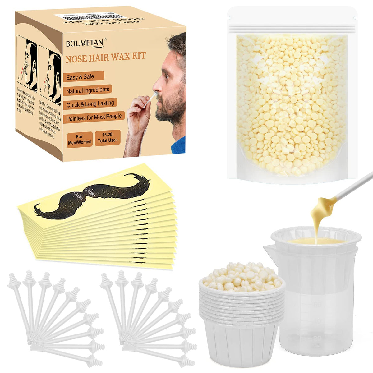 Bouvetan nose wax kit hero image shows convenient all-in-one grooming for fast nose hair removal.