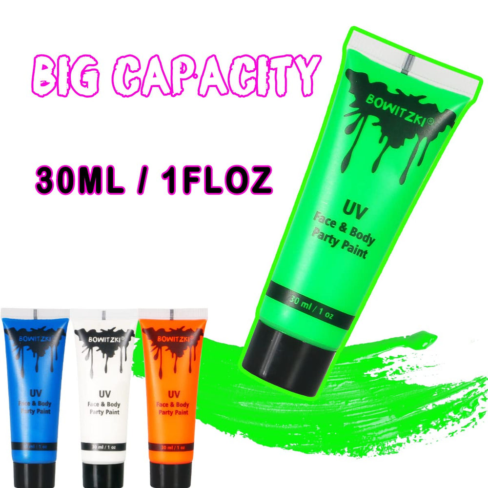 Bowitzki face paint application under UV night creates eye-catching looks.