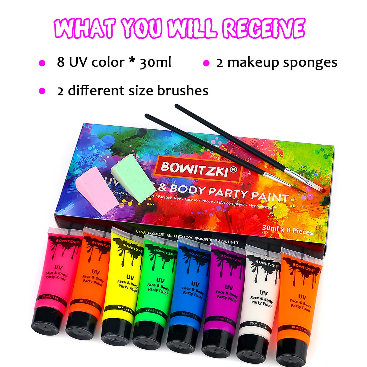 Bowitzki neon makeup under black light highlights creative festival designs.