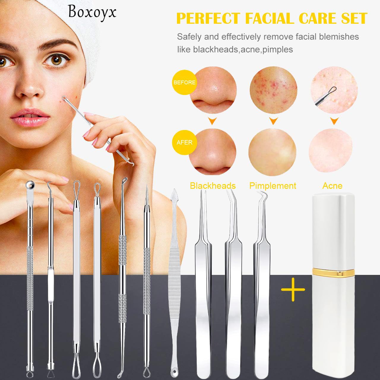 Boxoyx pimple popper tool kit sterilization-ready with alcohol wipe step.