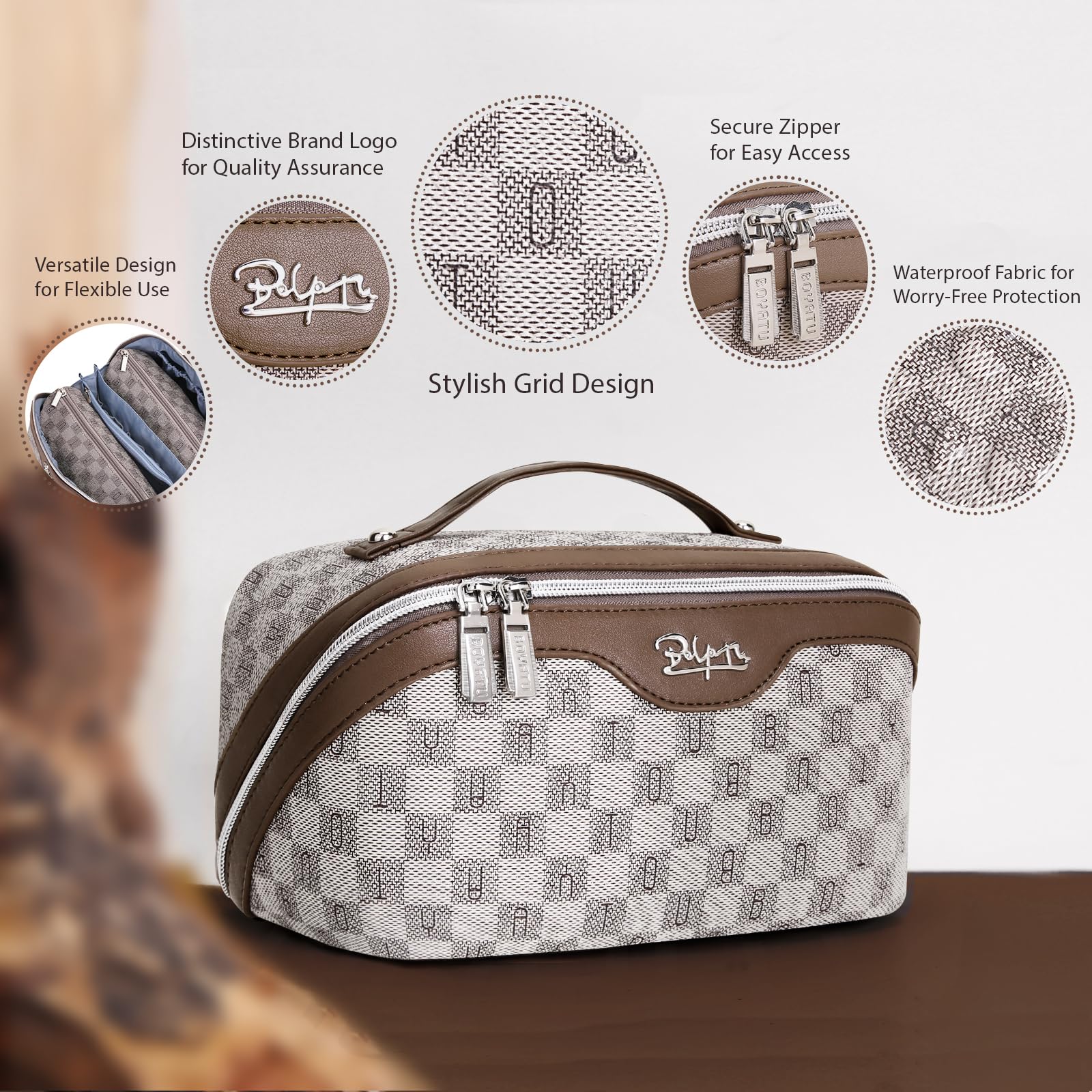 BOYATU large makeup bag with compartments for easy cosmetics separation