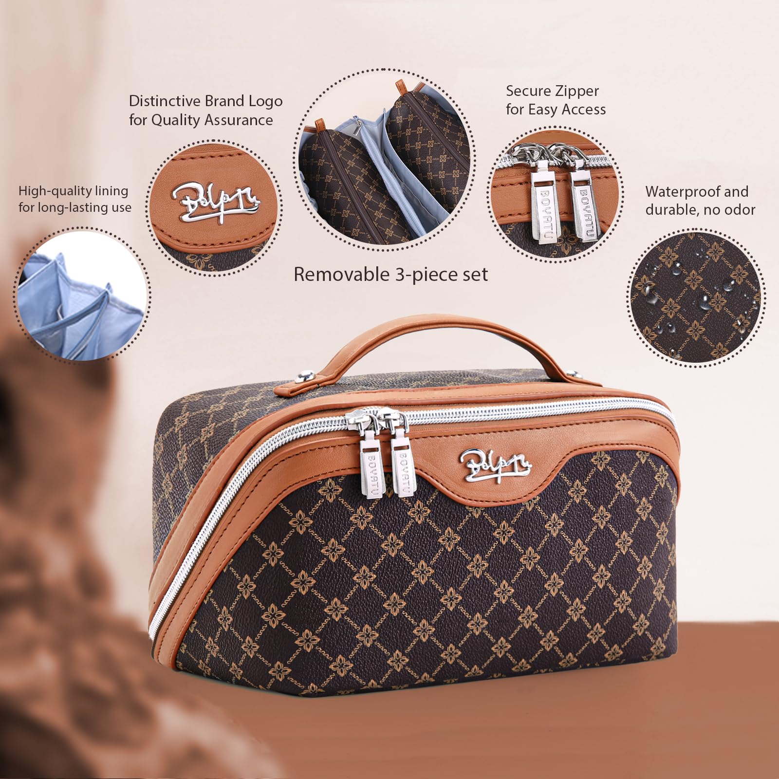 BOYATU makeup bag set with detachable bags keeps cosmetics neatly separated.