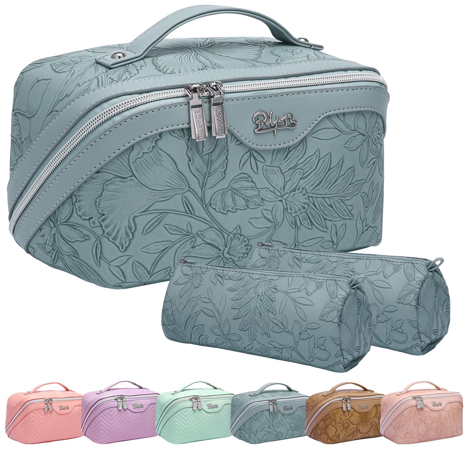 BOYATU travel makeup bag light blue front view for on the go organization
