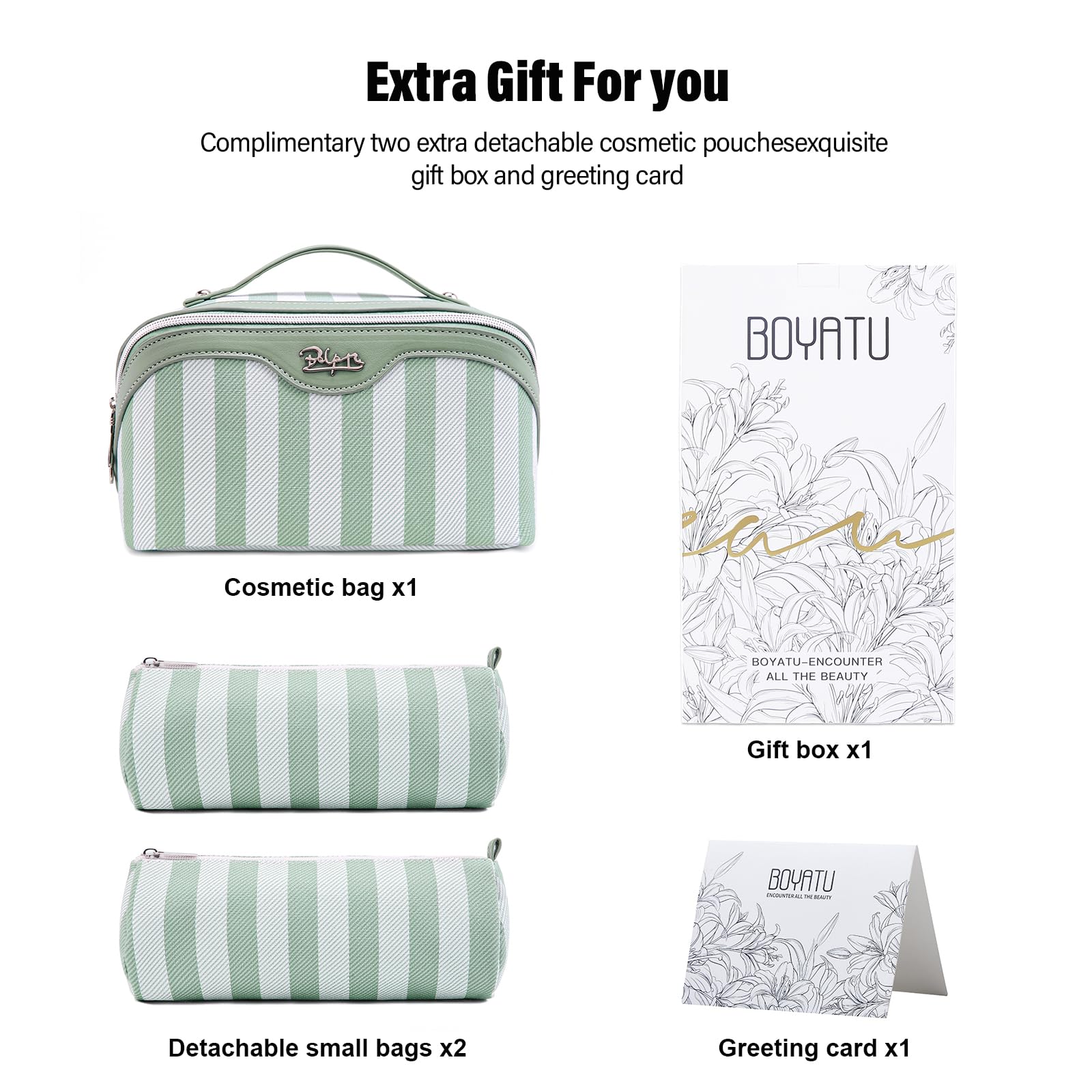 BOYATU travel makeup bag 3pc green compact with handle for travel