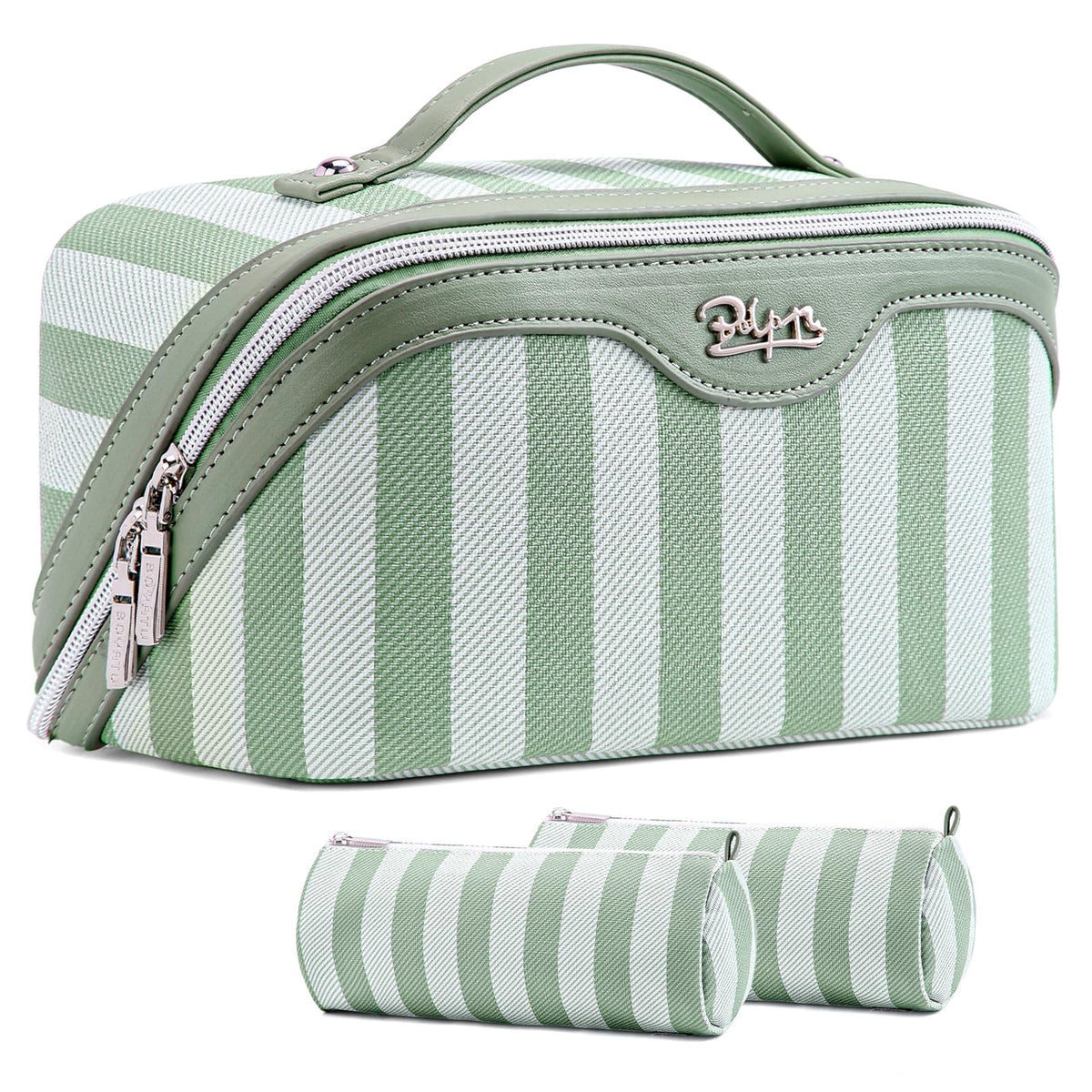 BOYATU travel makeup bag 3pc green with open compartments for easy access
