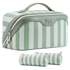 BOYATU travel makeup bag 3pc green with open compartments for easy access