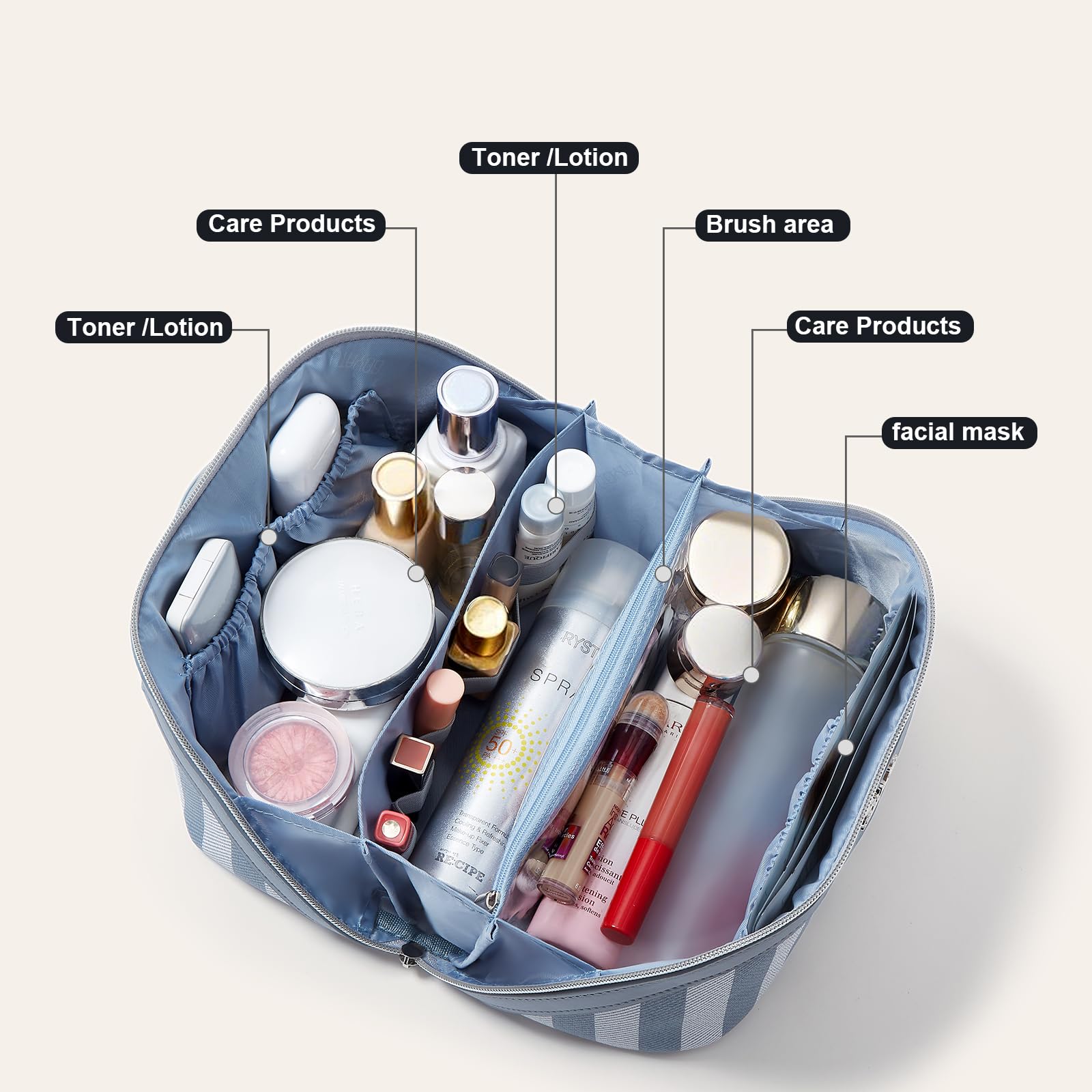 BOYATU travel makeup bag blue detachable small bags showcased for modular organization on trips