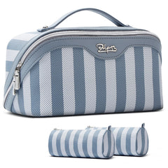 BOYATU travel makeup bag blue front view showing organized compartments for easy access