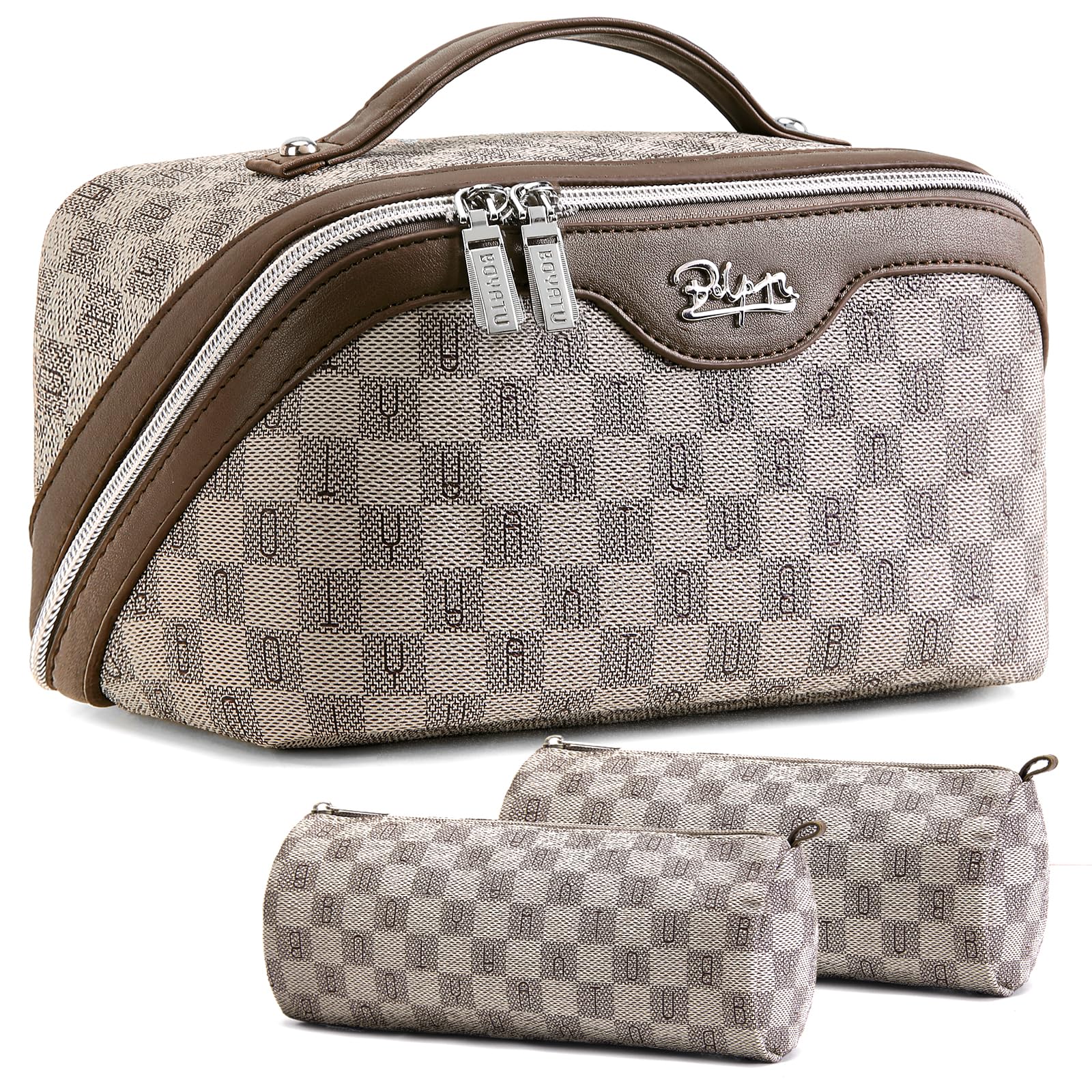 BOYATU travel makeup bag with checkered leather exterior aids stylish organization