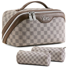 BOYATU travel makeup bag with checkered leather exterior aids stylish organization