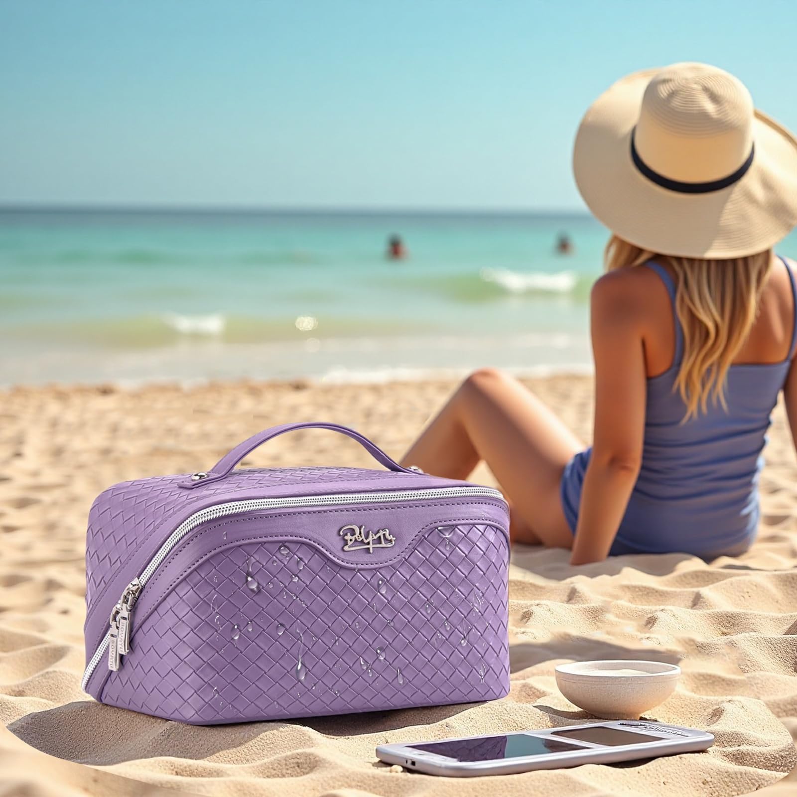 BOYATU makeup bag purple side view emphasizing waterproof vegan leather