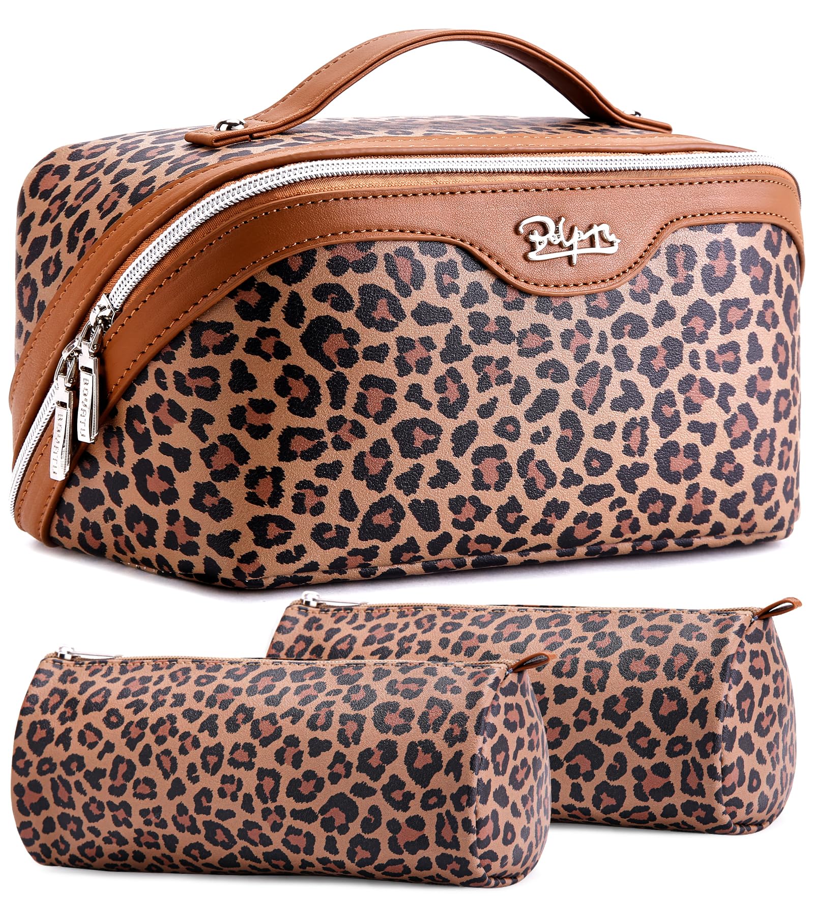 BOYATU travel makeup bag leopard front view with handle for stylish organization