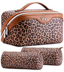 BOYATU travel makeup bag leopard front view with handle for stylish organization