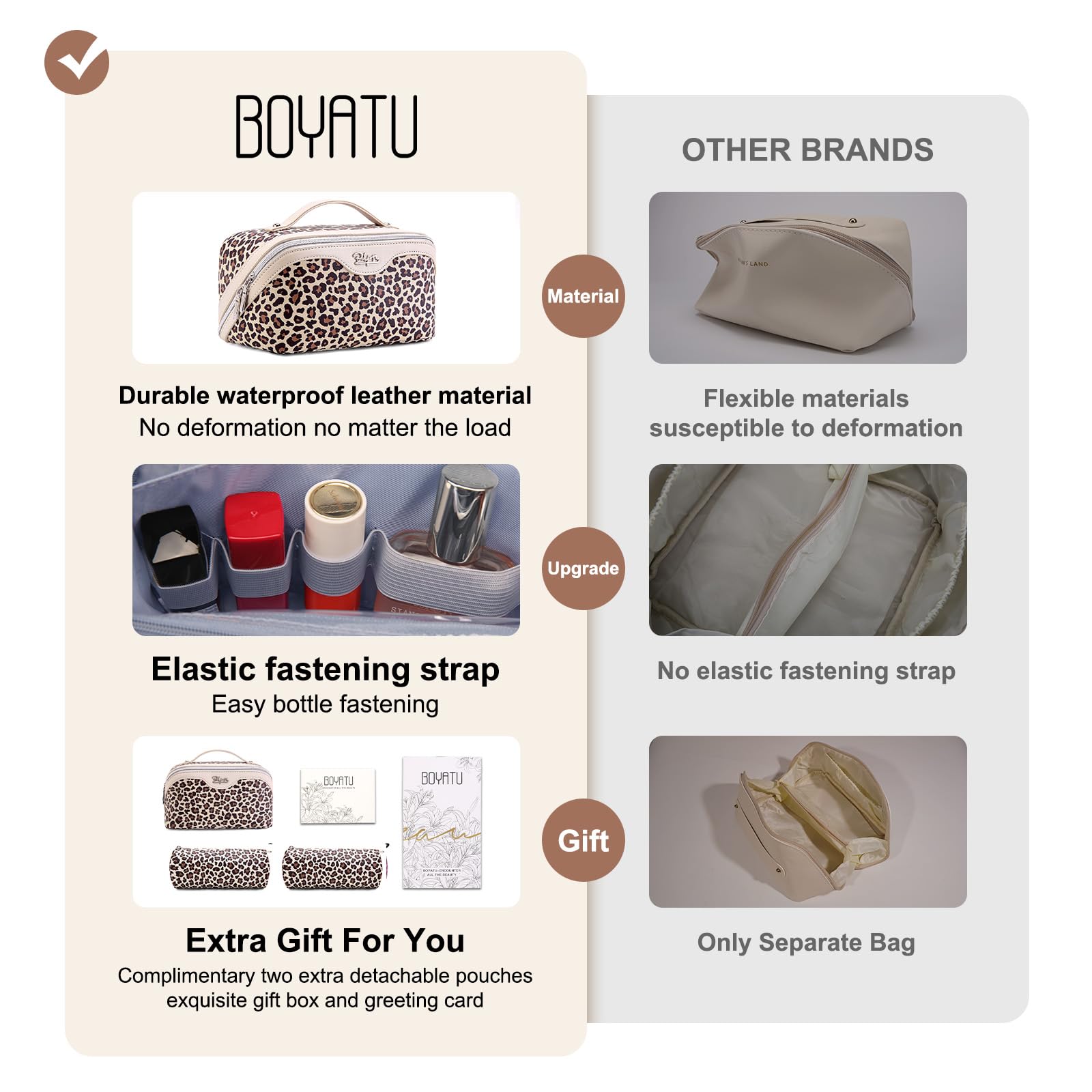 BOYATU leopard makeup bag interior with compartments keeps skincare and cosmetics neatly organized