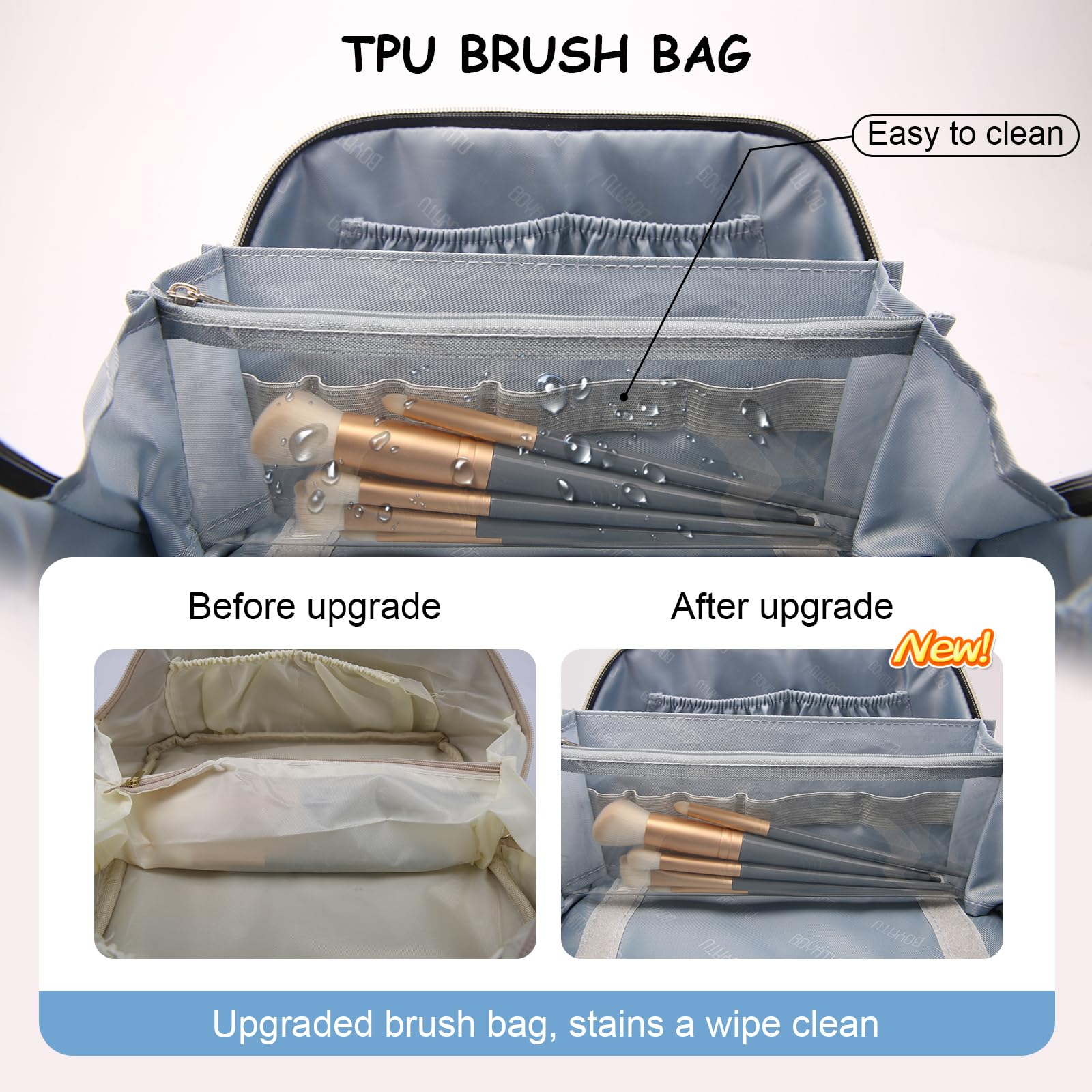 BOYATU travel makeup bag set interior leak-proof feature helps prevent spills
