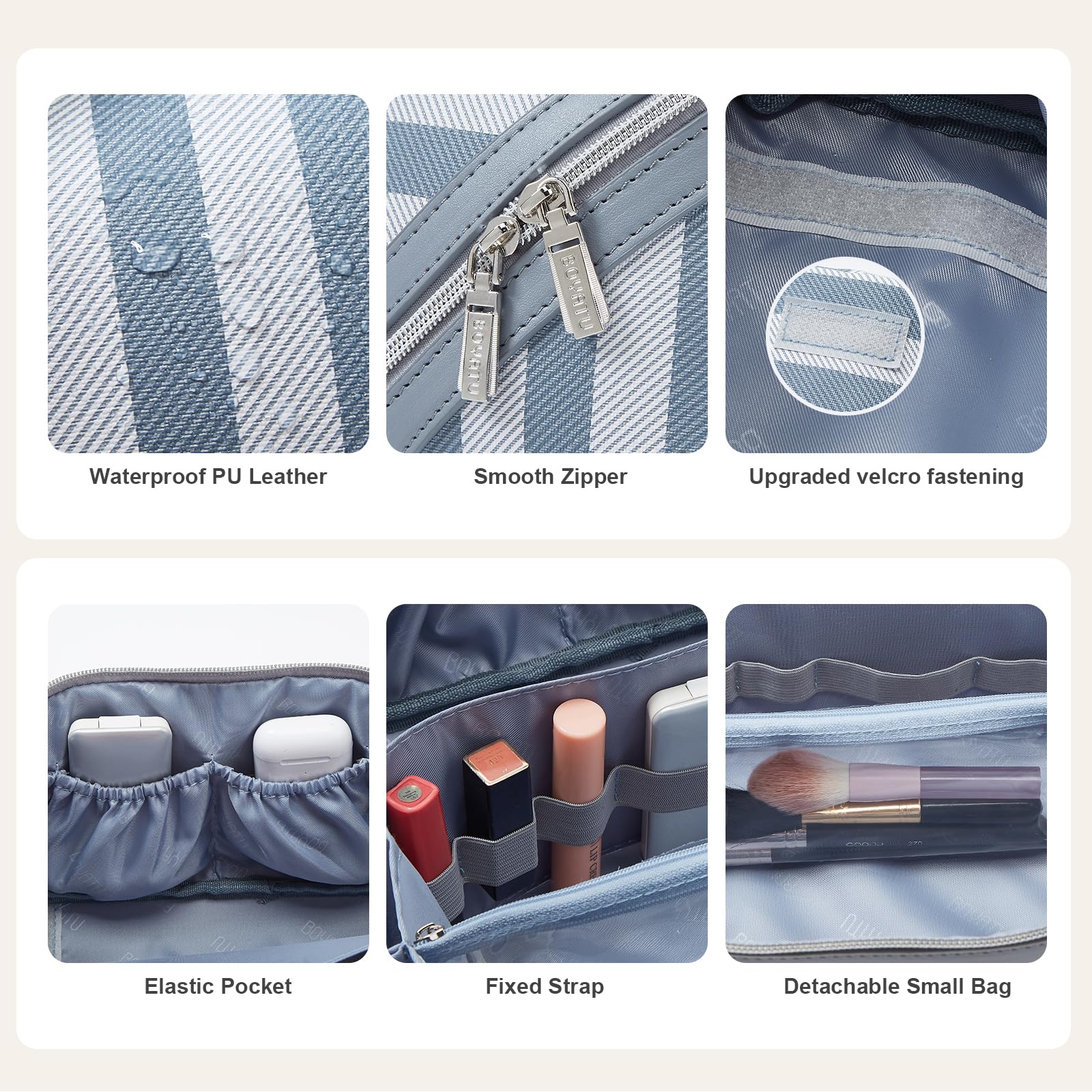 BOYATU waterproof travel makeup bag blue exterior supports splash resistance during trips