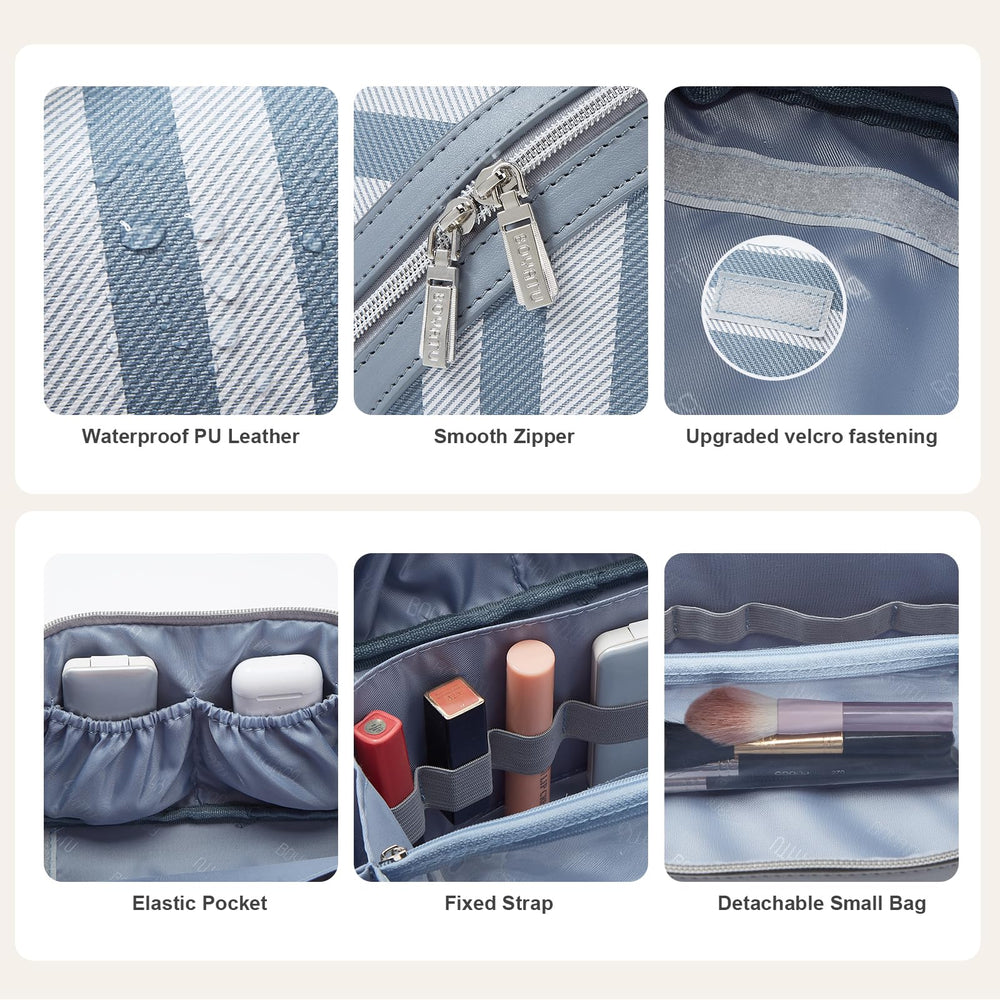 BOYATU waterproof travel makeup bag blue exterior supports splash resistance during trips